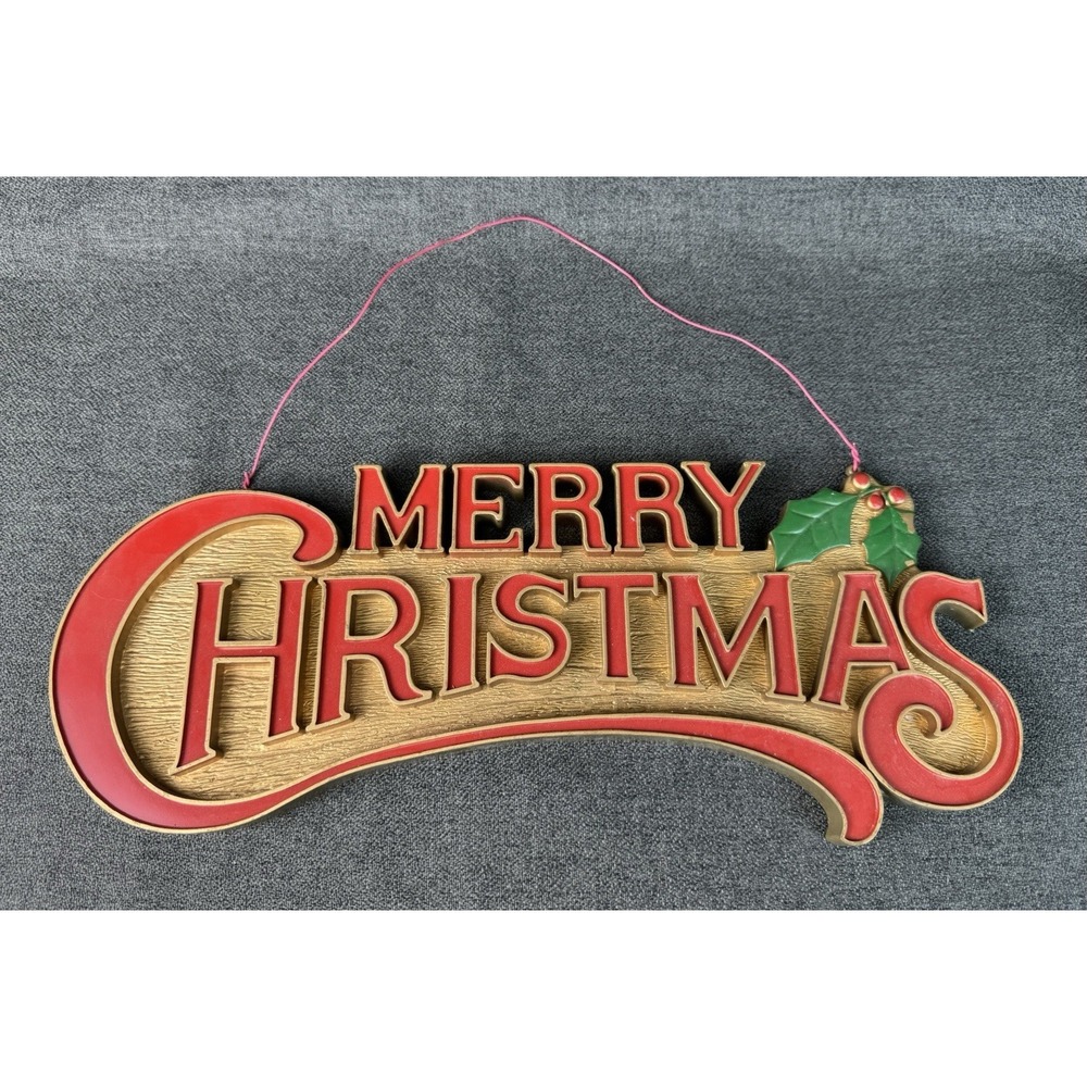 Vintage 1970s Merry Christmas Molded Plastic Sign With Holly Accents